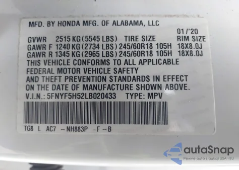 2020 Honda Pilot 2Wd Ex-L z USA, uszkodzony, nr VIN 5FNYF5H52LB020433